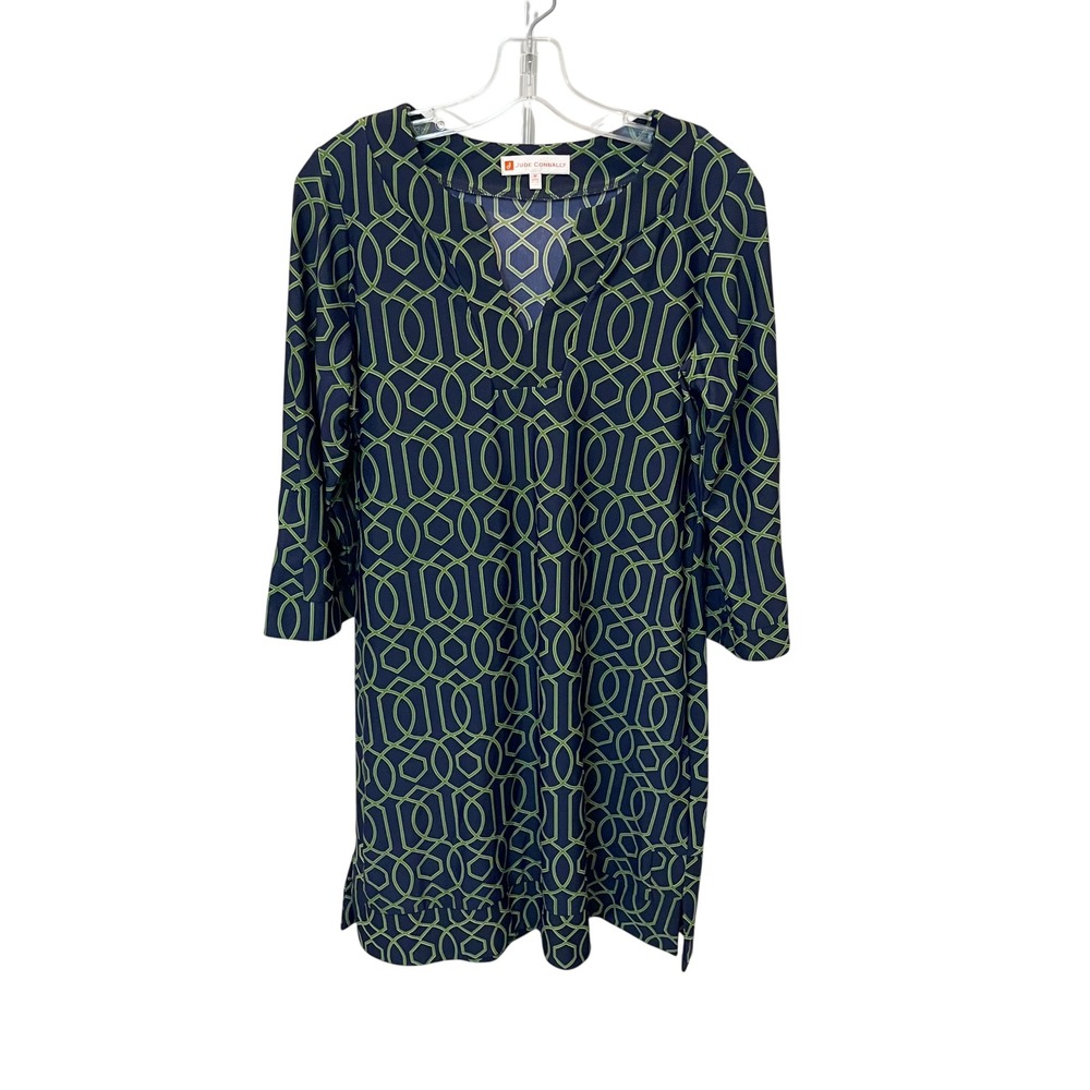 Jude Connally Megan Dress Garden Lattice Navy Green Shift Preppy - Size Medium